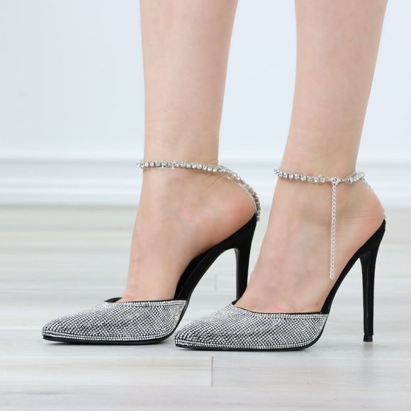 Black Pointed Toe Sparkly Rhinestone Ankle Strap High Heel Shoes Stiletto - Picture 11 of 13